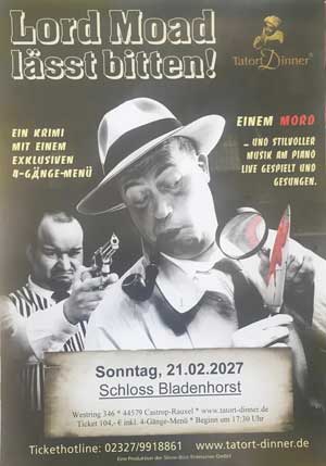 Flyer vom Tatort-Dinner auf Schloss Bladenhorst am 21.02.2027