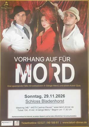 Flyer vom Tatort-Dinner auf Schloss Bladenhorst "Vorhang auf f&uuml;r Mord"